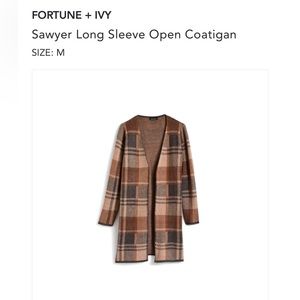 Stitch Fix FORTUNE + IVY Sawyer Long Sleeve Open Coatigan Brown Plaid Sweater